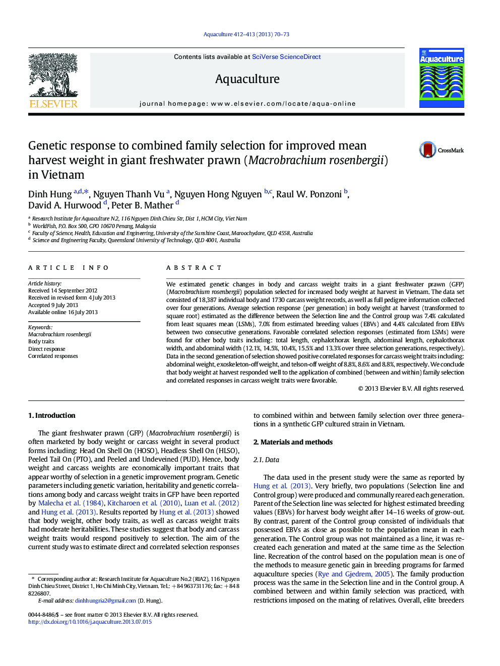 Genetic response to combined family selection for improved mean harvest weight in giant freshwater prawn (Macrobrachium rosenbergii) in Vietnam