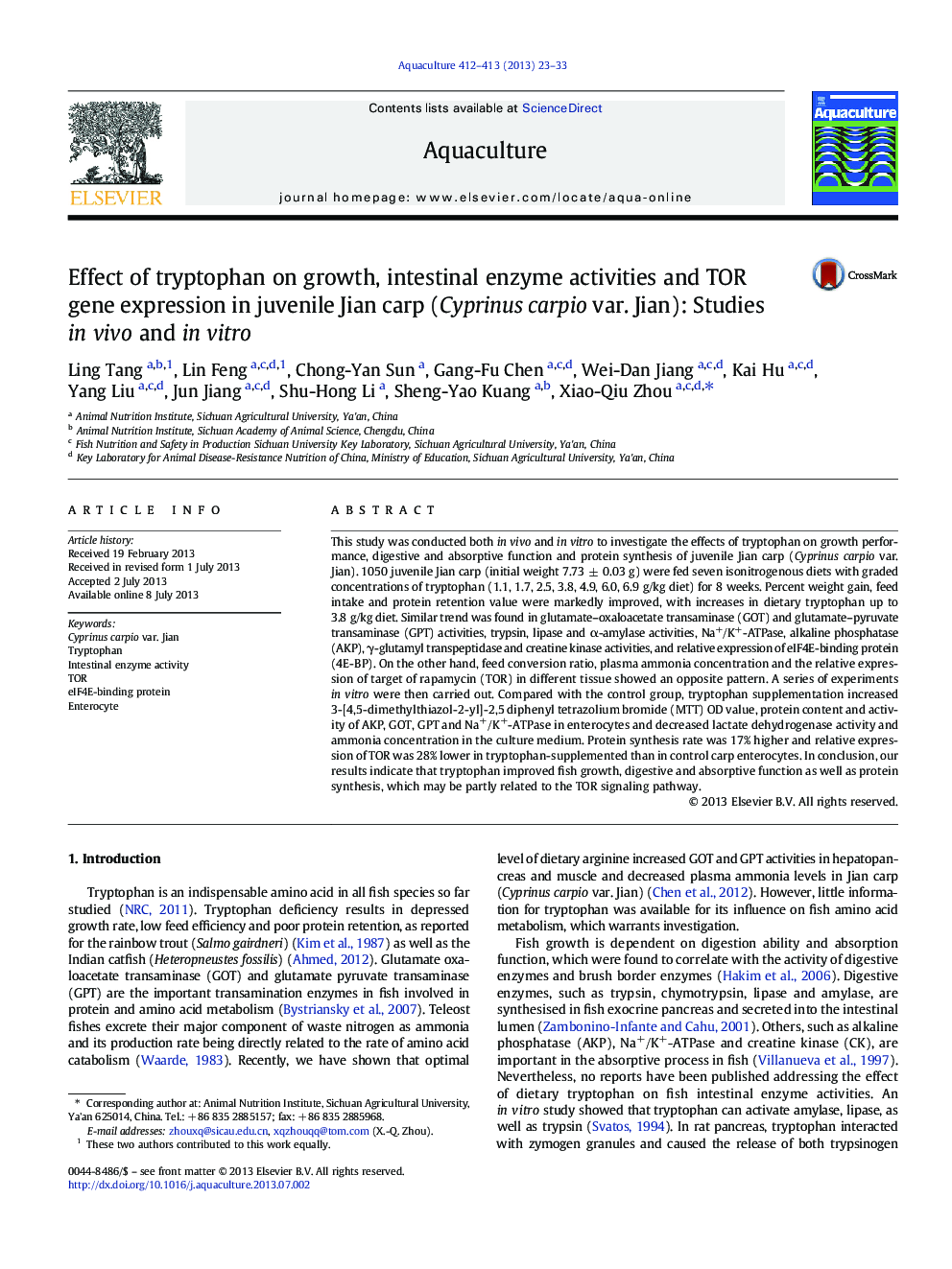 Effect of tryptophan on growth, intestinal enzyme activities and TOR gene expression in juvenile Jian carp (Cyprinus carpio var. Jian): Studies in vivo and in vitro