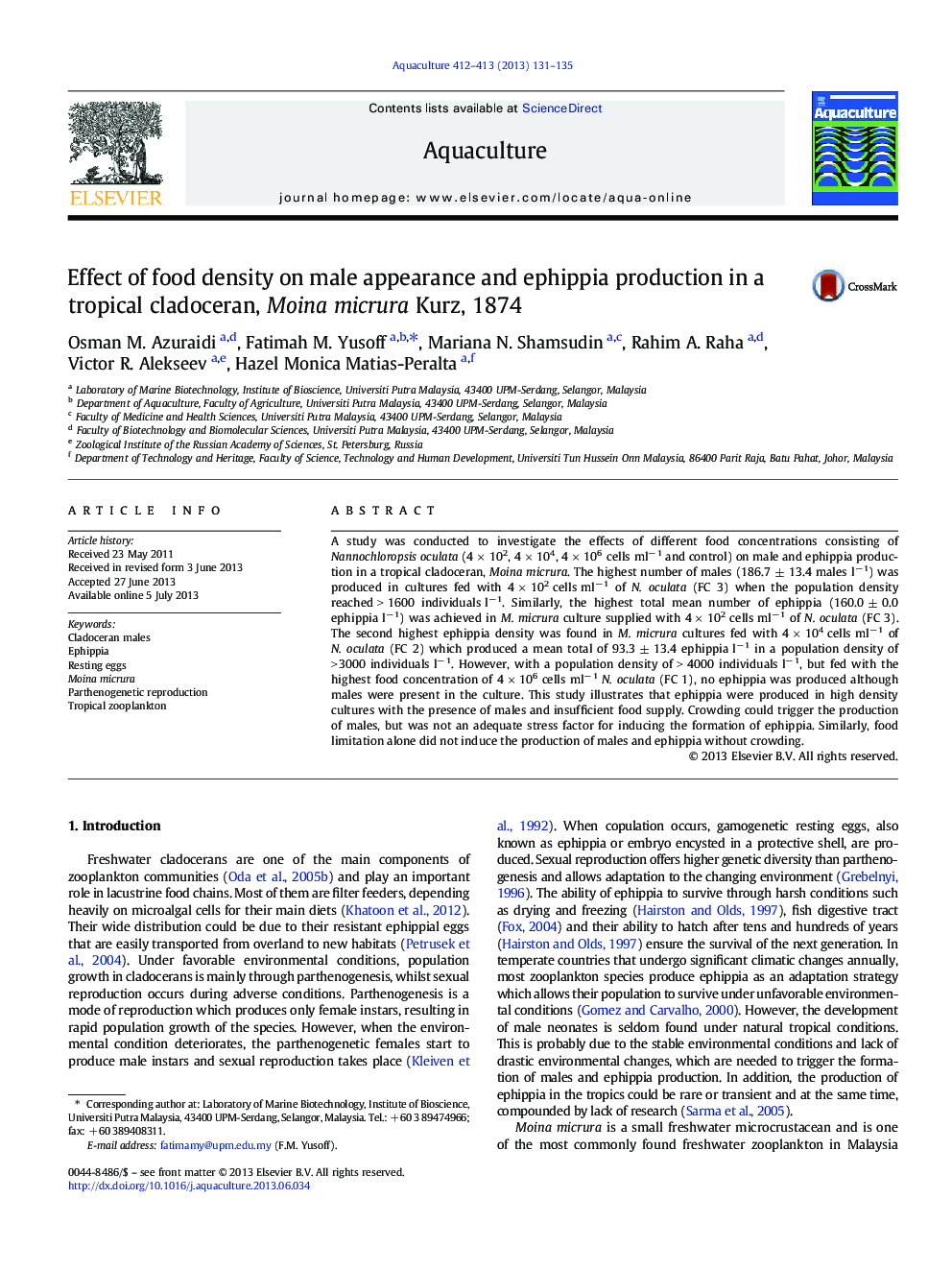 Effect of food density on male appearance and ephippia production in a tropical cladoceran, Moina micrura Kurz, 1874