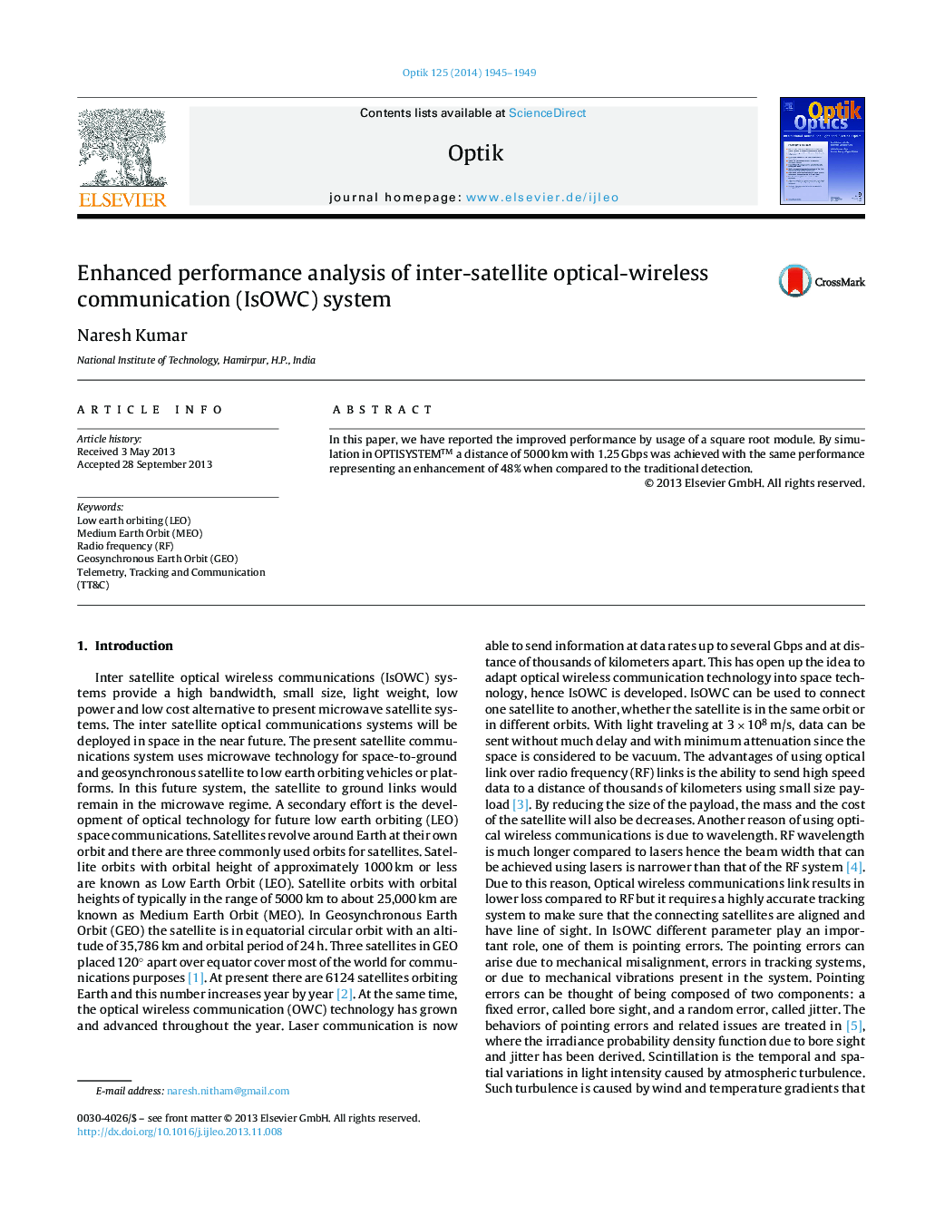 Enhanced performance analysis of inter-satellite optical-wireless communication (IsOWC) system