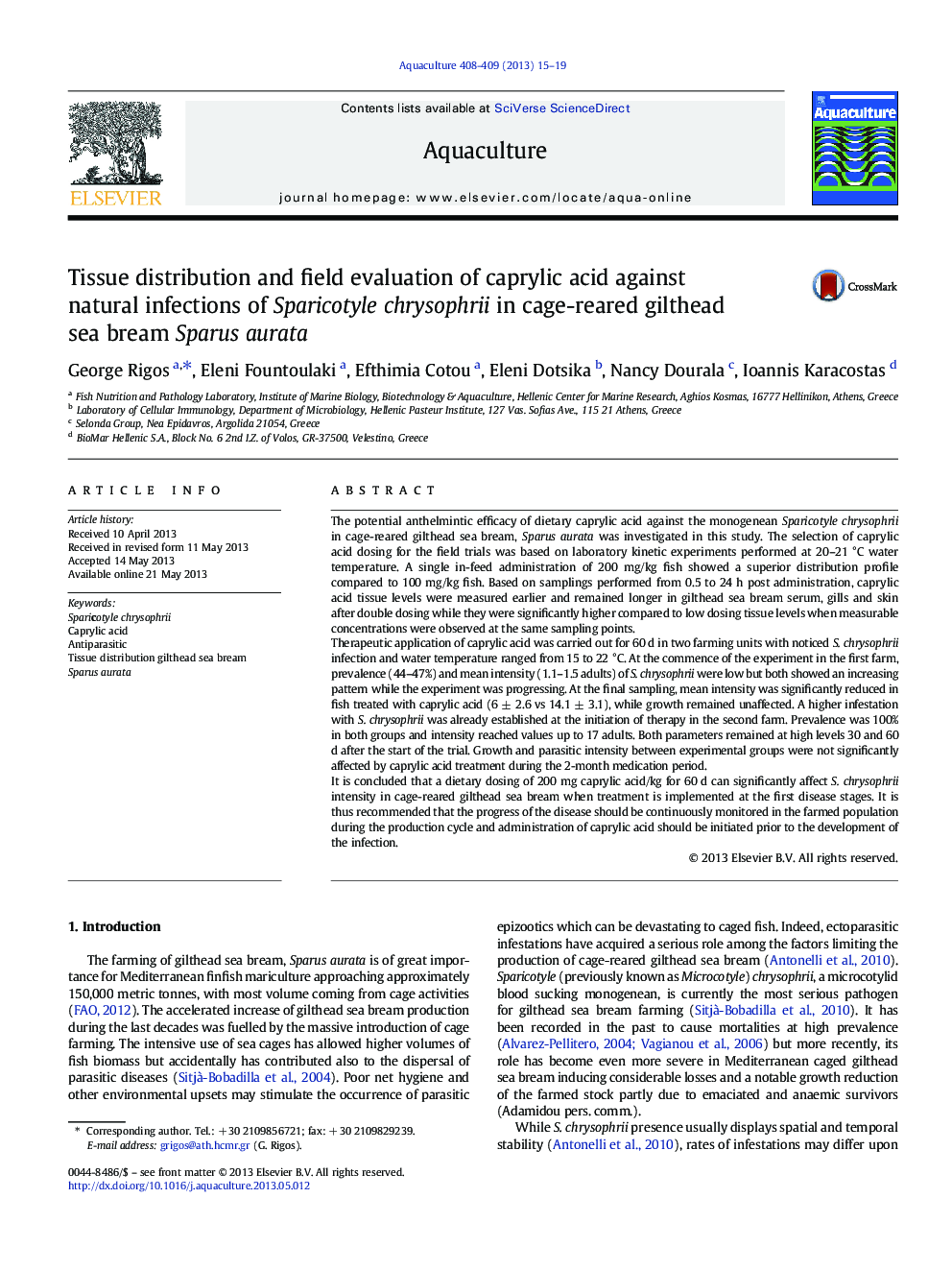 Tissue distribution and field evaluation of caprylic acid against natural infections of Sparicotyle chrysophrii in cage-reared gilthead sea bream Sparus aurata