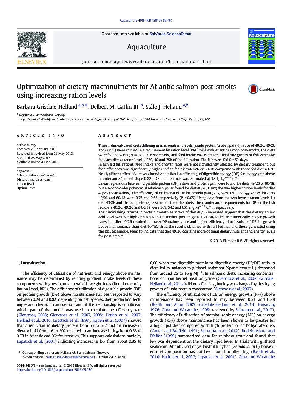 Optimization of dietary macronutrients for Atlantic salmon post-smolts using increasing ration levels