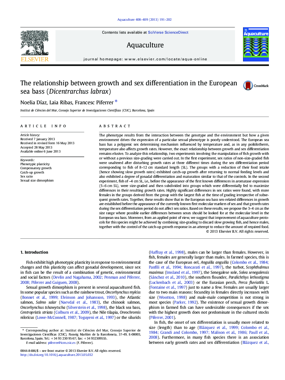 The relationship between growth and sex differentiation in the European sea bass (Dicentrarchus labrax)