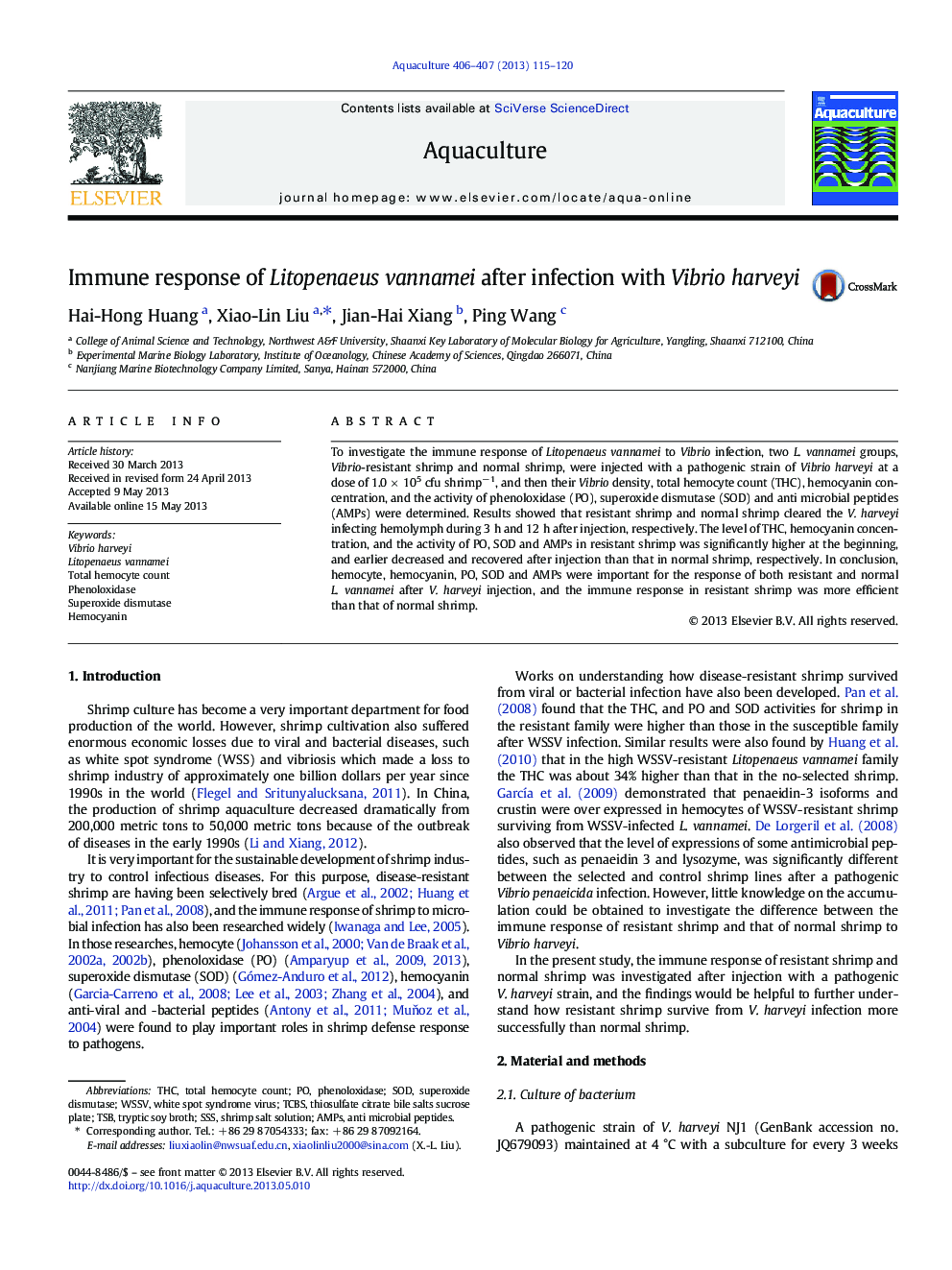 Immune response of Litopenaeus vannamei after infection with Vibrio harveyi