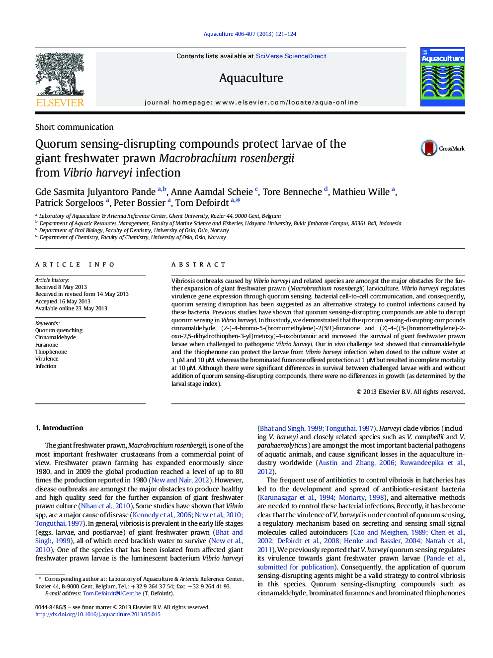 Quorum sensing-disrupting compounds protect larvae of the giant freshwater prawn Macrobrachium rosenbergii from Vibrio harveyi infection