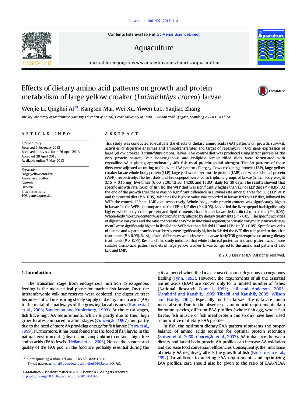 Effects of dietary amino acid patterns on growth and protein metabolism of large yellow croaker (Larimichthys crocea) larvae