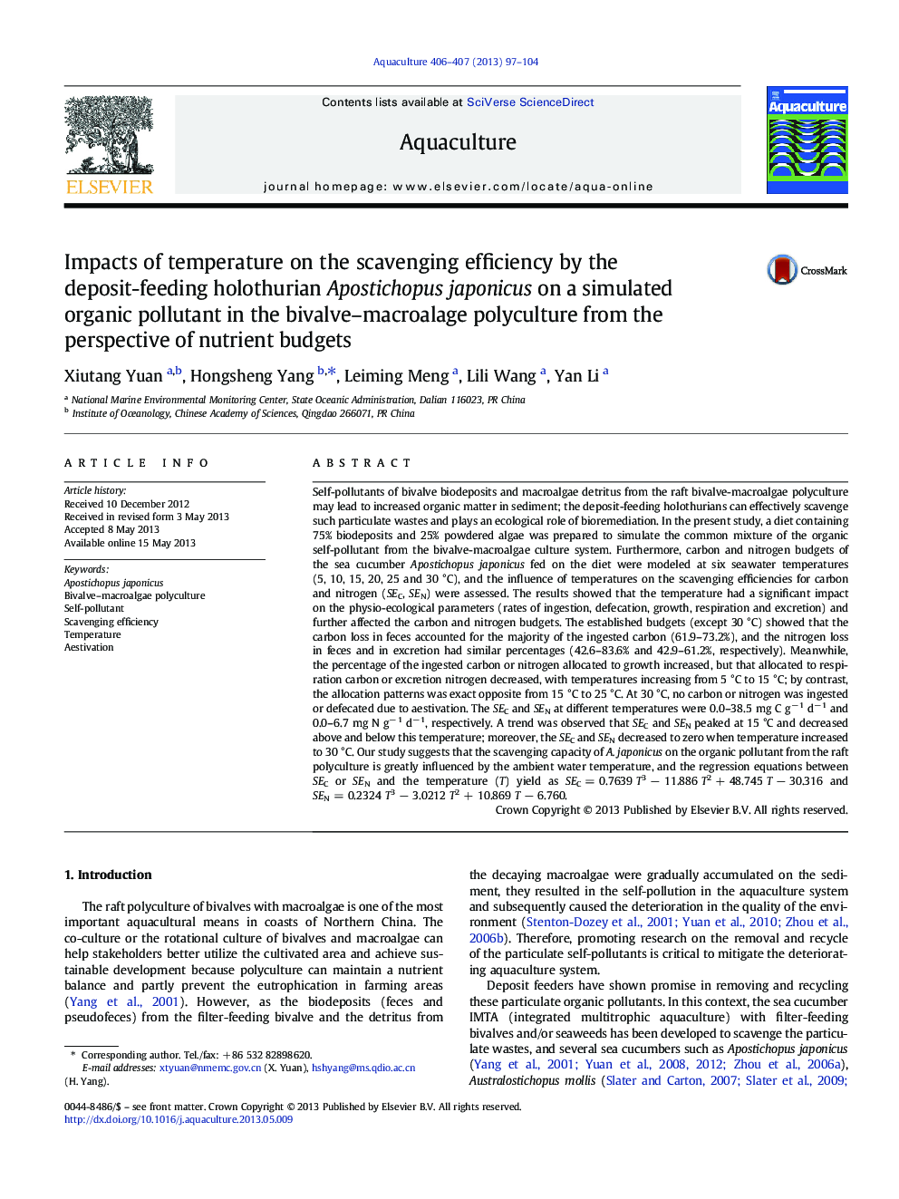 Impacts of temperature on the scavenging efficiency by the deposit-feeding holothurian Apostichopus japonicus on a simulated organic pollutant in the bivalve-macroalage polyculture from the perspective of nutrient budgets