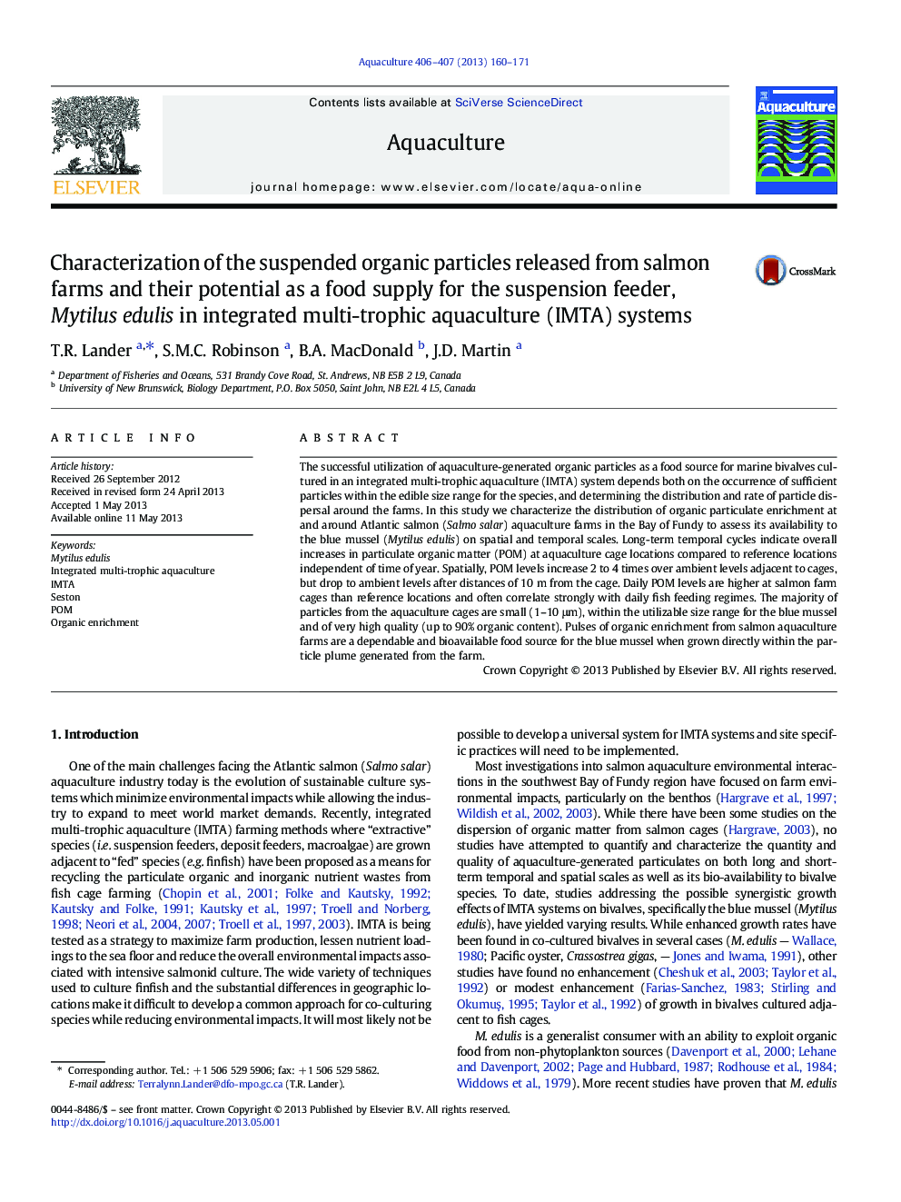 Characterization of the suspended organic particles released from salmon farms and their potential as a food supply for the suspension feeder, Mytilus edulis in integrated multi-trophic aquaculture (IMTA) systems