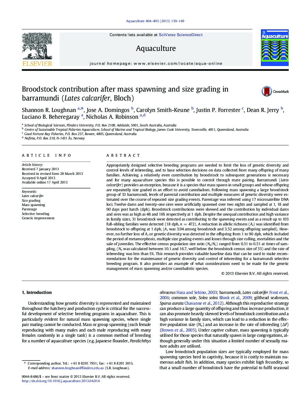 Broodstock contribution after mass spawning and size grading in barramundi (Lates calcarifer, Bloch)