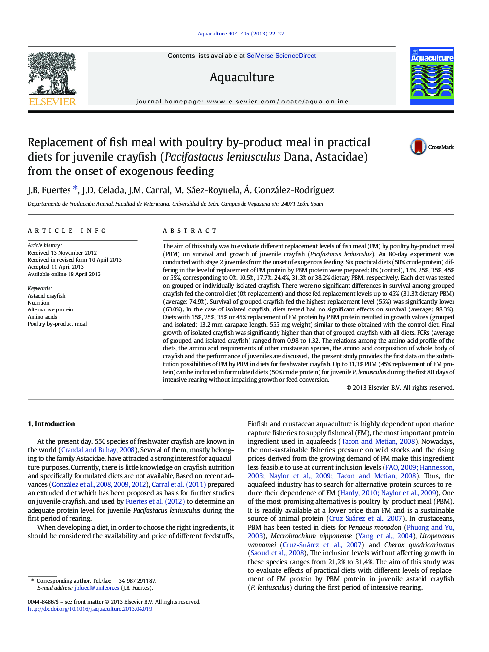 Replacement of fish meal with poultry by-product meal in practical diets for juvenile crayfish (Pacifastacus leniusculus Dana, Astacidae) from the onset of exogenous feeding