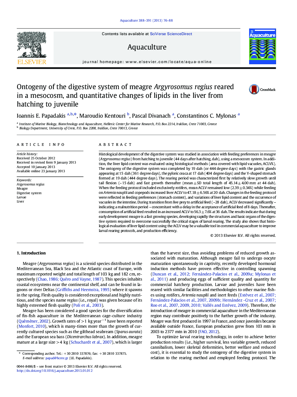 Ontogeny of the digestive system of meagre Argyrosomus regius reared in a mesocosm, and quantitative changes of lipids in the liver from hatching to juvenile