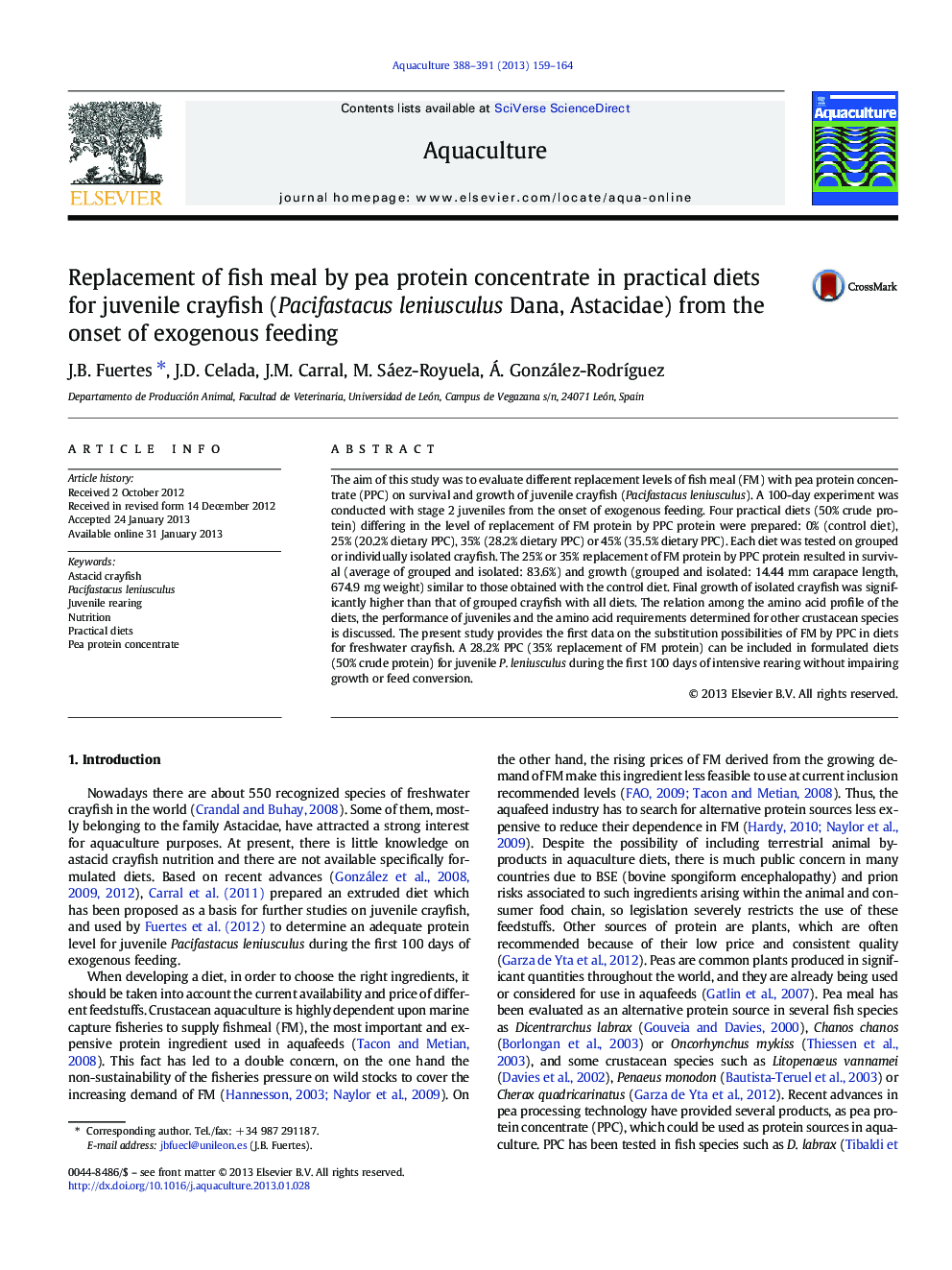 Replacement of fish meal by pea protein concentrate in practical diets for juvenile crayfish (Pacifastacus leniusculus Dana, Astacidae) from the onset of exogenous feeding