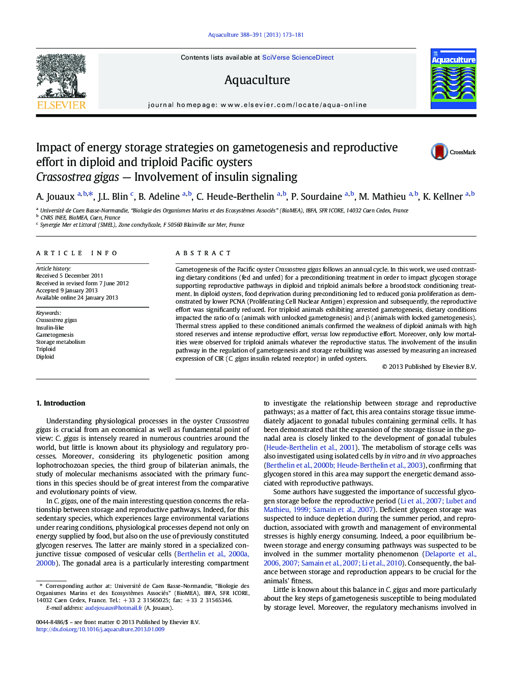 Impact of energy storage strategies on gametogenesis and reproductive effort in diploid and triploid Pacific oysters Crassostrea gigas - Involvement of insulin signaling