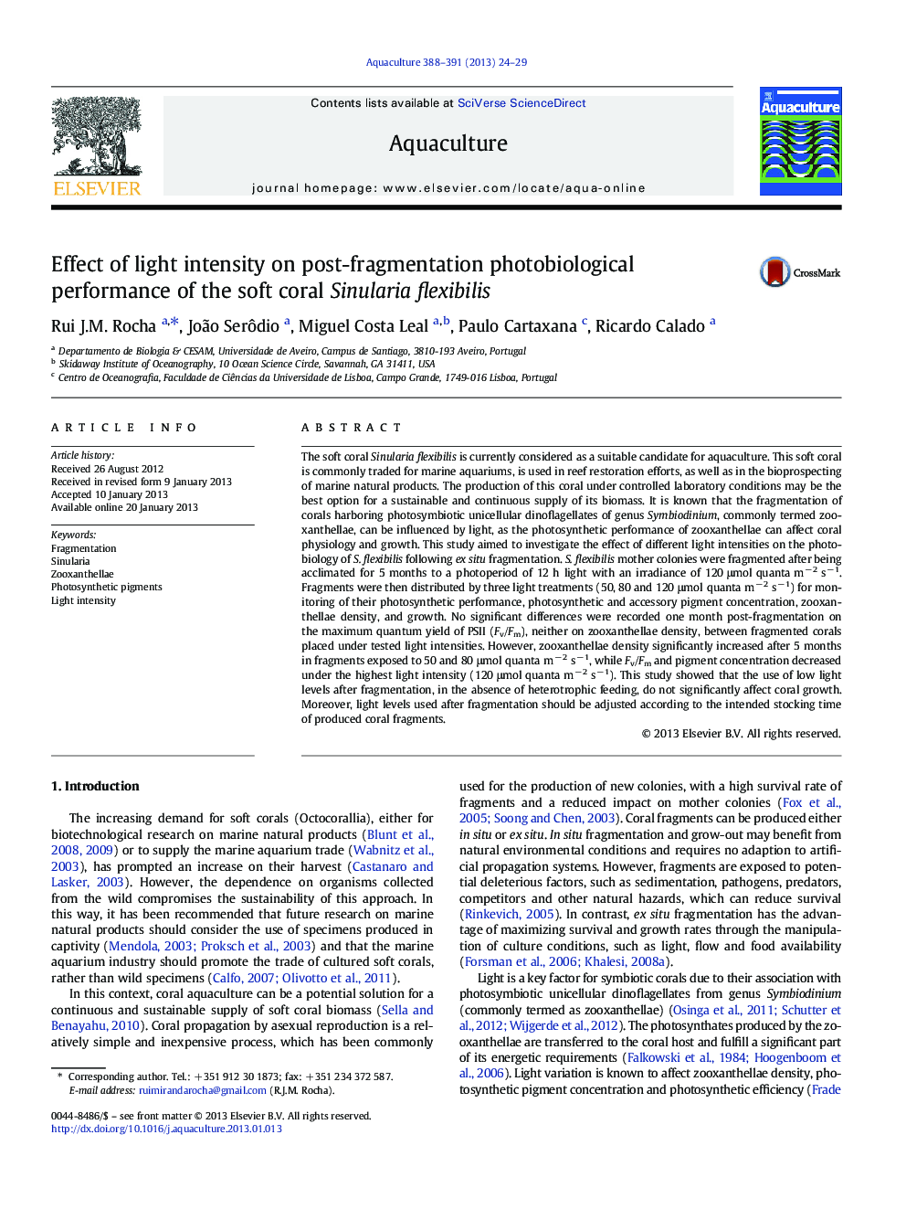 Effect of light intensity on post-fragmentation photobiological performance of the soft coral Sinularia flexibilis