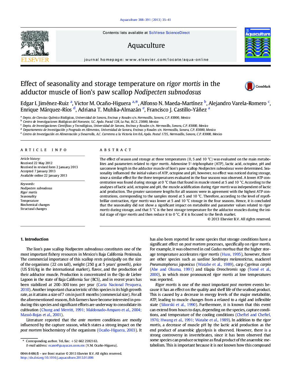 Effect of seasonality and storage temperature on rigor mortis in the adductor muscle of lion's paw scallop Nodipecten subnodosus