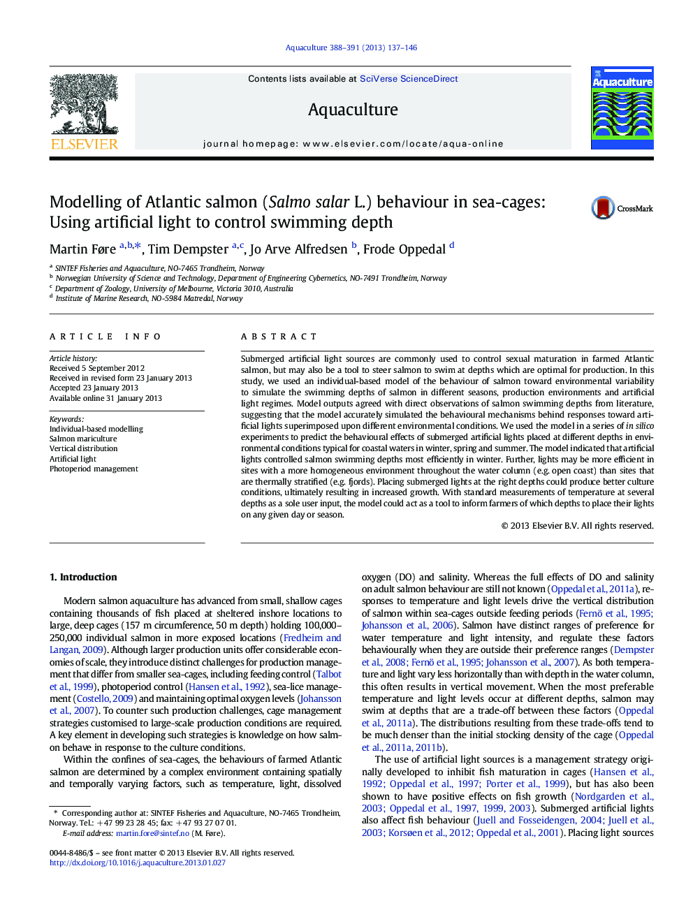 Modelling of Atlantic salmon (Salmo salar L.) behaviour in sea-cages: Using artificial light to control swimming depth