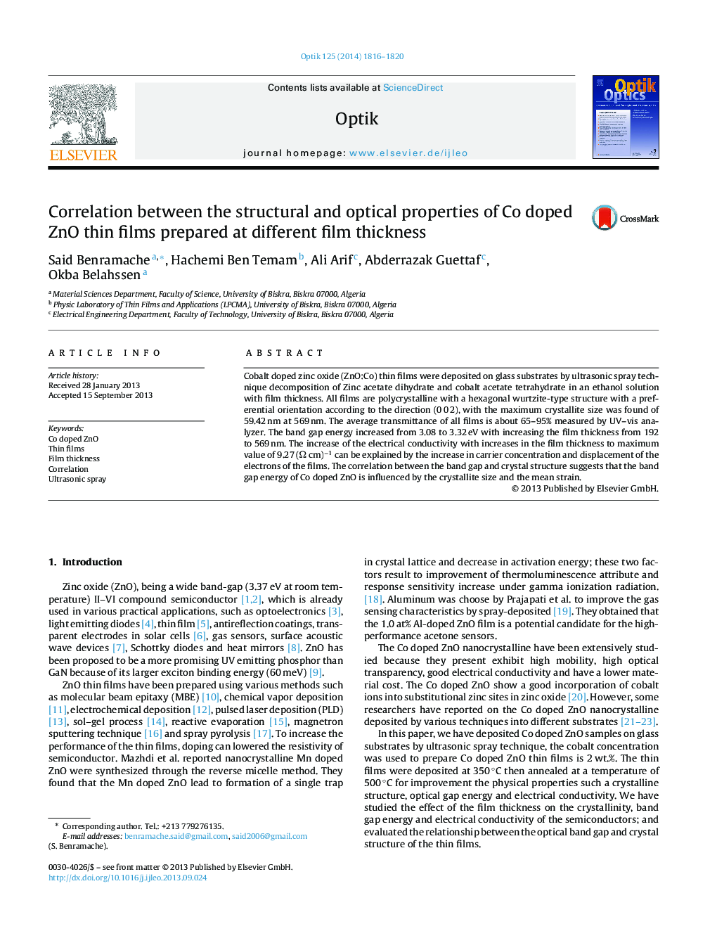 Correlation between the structural and optical properties of Co doped ZnO thin films prepared at different film thickness