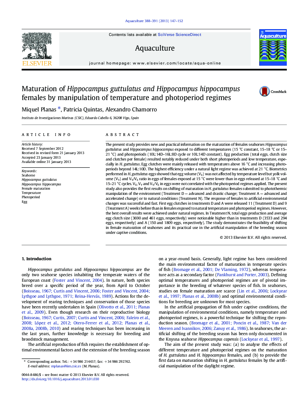 Maturation of Hippocampus guttulatus and Hippocampus hippocampus females by manipulation of temperature and photoperiod regimes