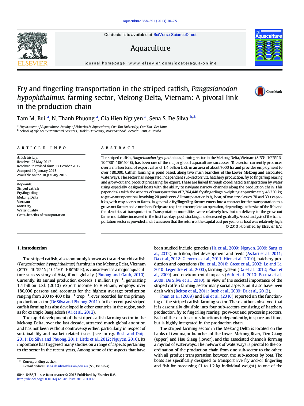 Fry and fingerling transportation in the striped catfish, Pangasianodon hypophthalmus, farming sector, Mekong Delta, Vietnam: A pivotal link in the production chain