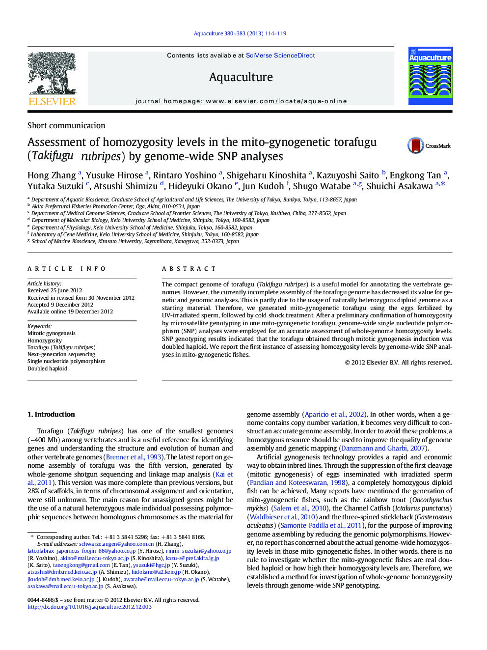 Assessment of homozygosity levels in the mito-gynogenetic torafugu (Takifugu rubripes) by genome-wide SNP analyses