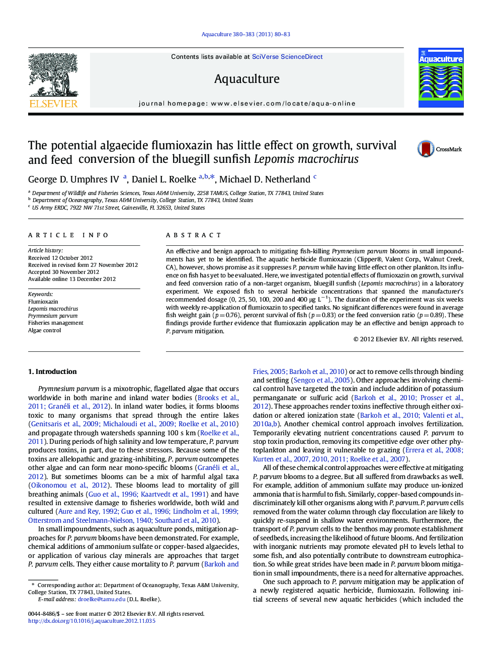 The potential algaecide flumioxazin has little effect on growth, survival and feed conversion of the bluegill sunfish Lepomis macrochirus