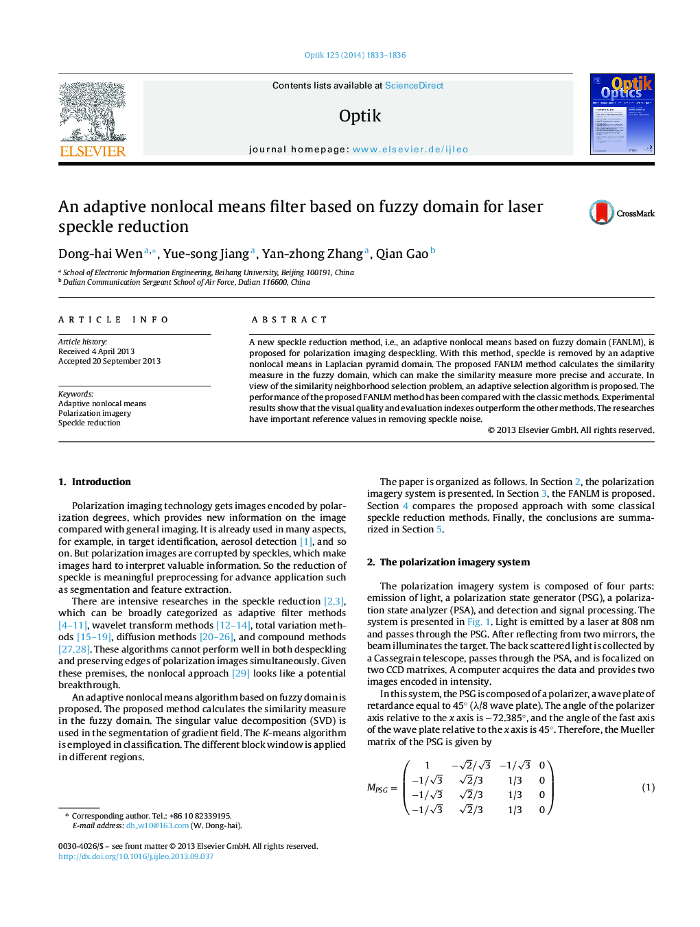 An adaptive nonlocal means filter based on fuzzy domain for laser speckle reduction