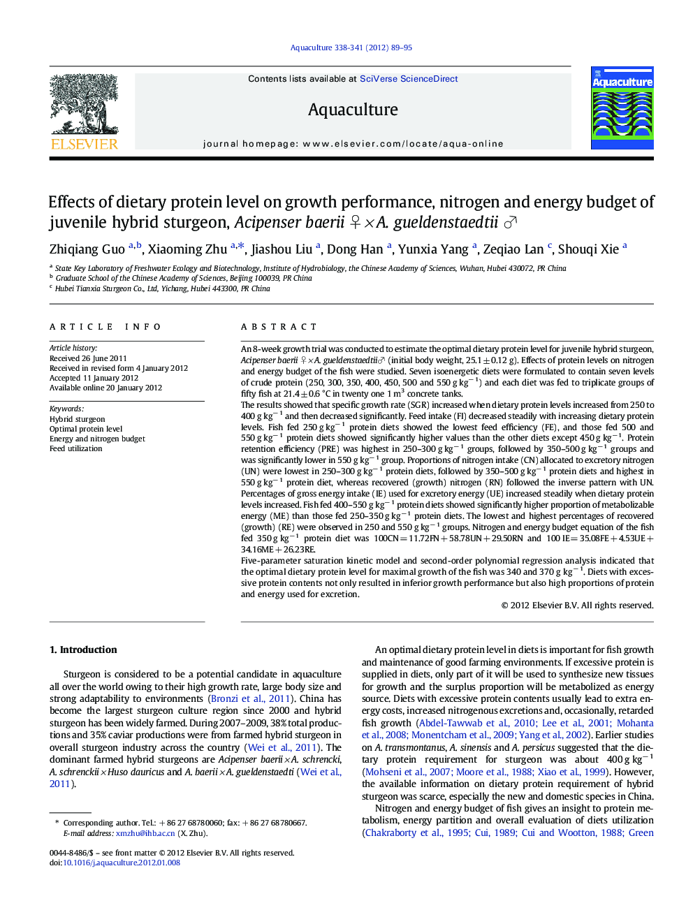 Effects of dietary protein level on growth performance, nitrogen and energy budget of juvenile hybrid sturgeon, Acipenser baerii âÂ ÃÂ A. gueldenstaedtii â