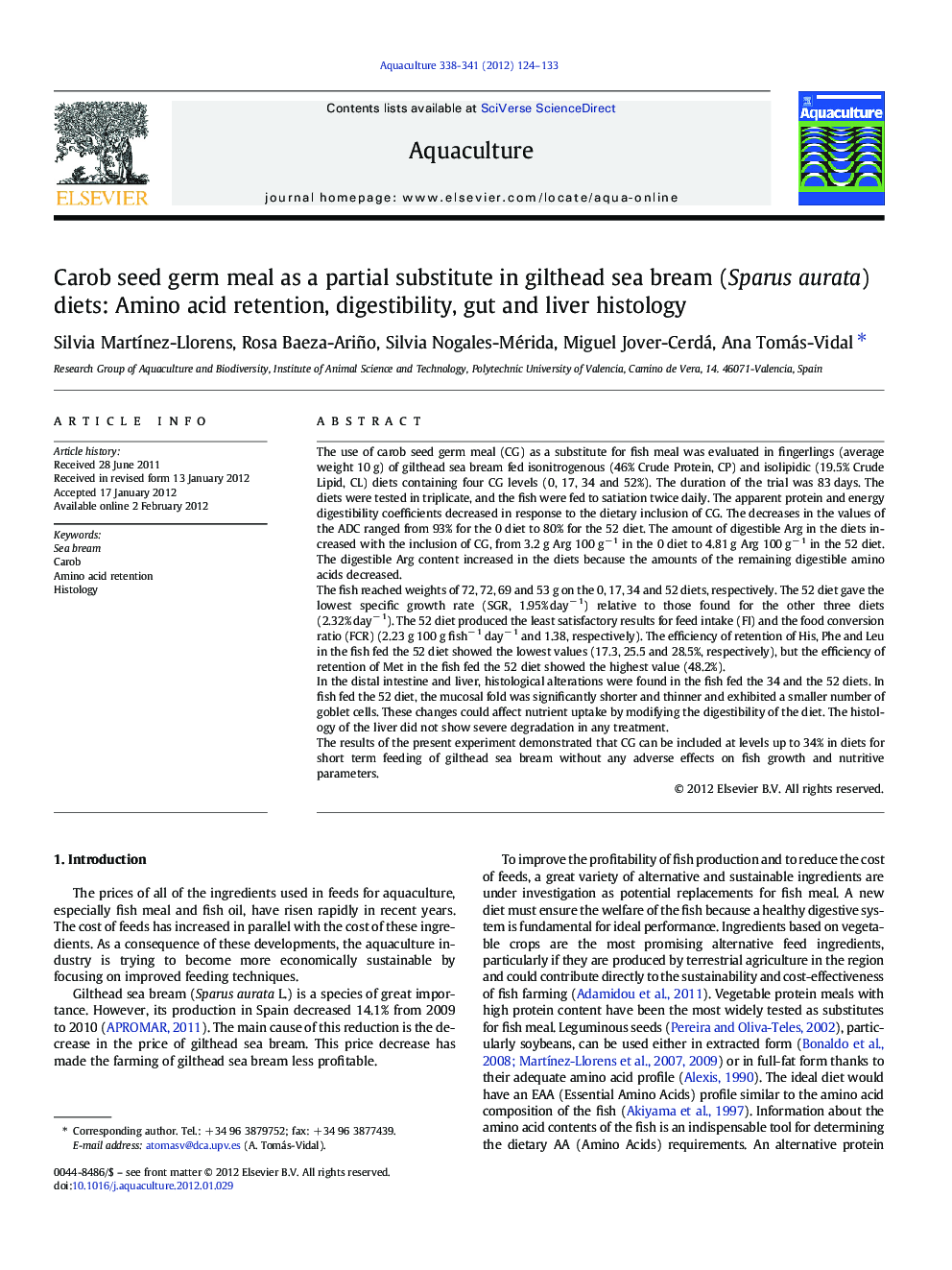 Carob seed germ meal as a partial substitute in gilthead sea bream (Sparus aurata) diets: Amino acid retention, digestibility, gut and liver histology