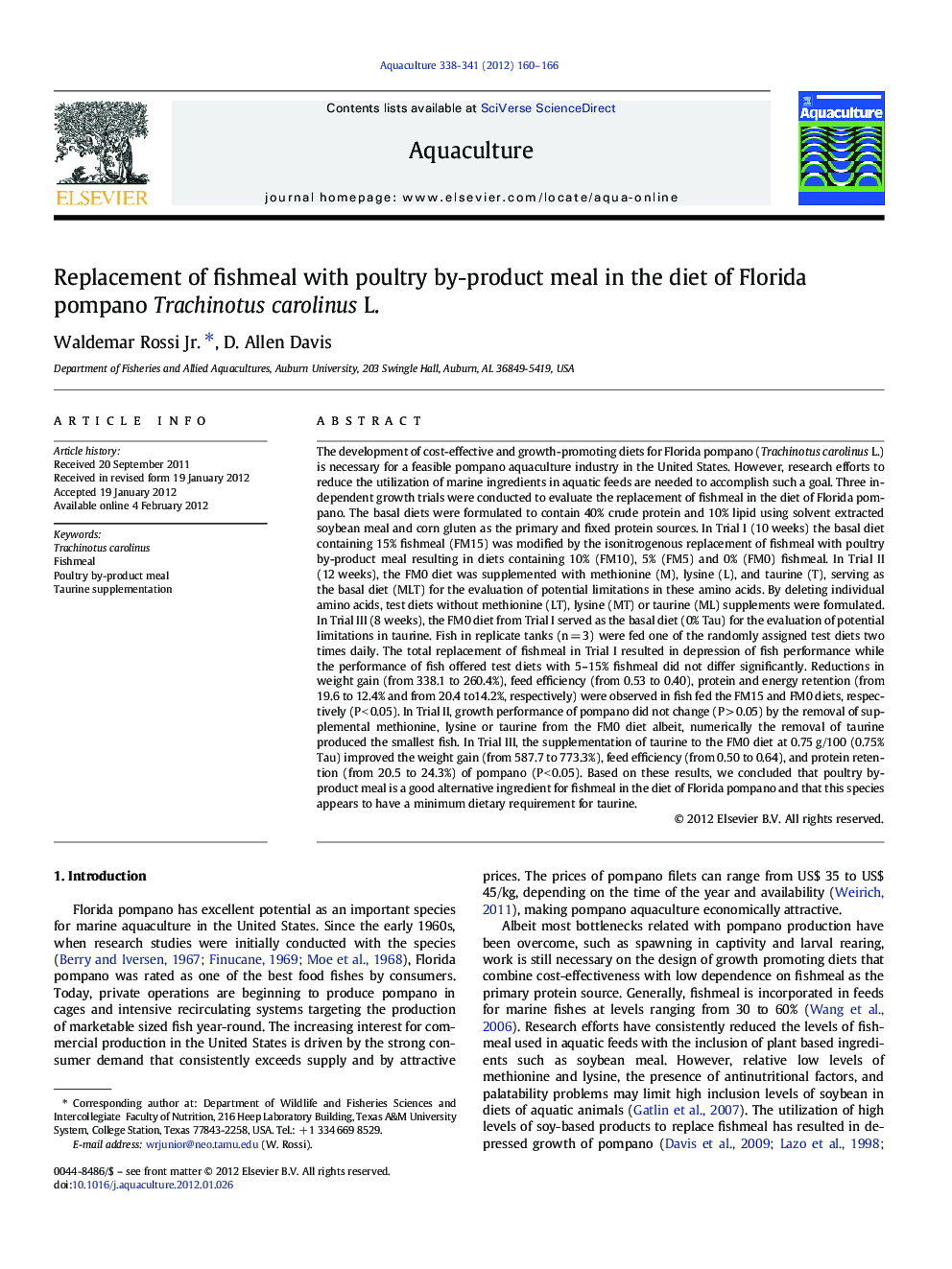 Replacement of fishmeal with poultry by-product meal in the diet of Florida pompano Trachinotus carolinus L.