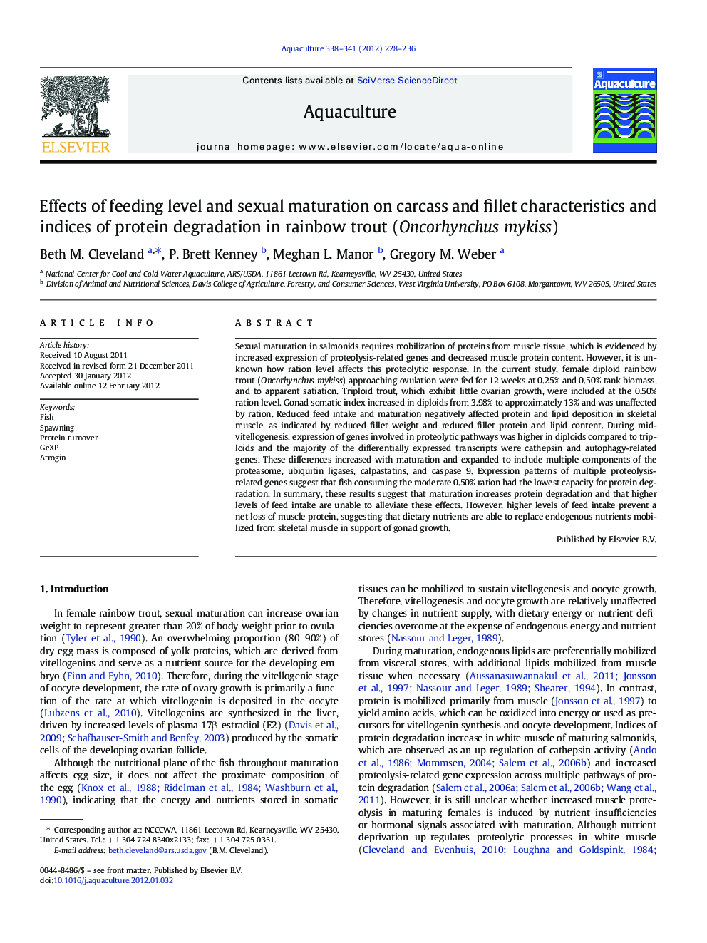 Effects of feeding level and sexual maturation on carcass and fillet characteristics and indices of protein degradation in rainbow trout (Oncorhynchus mykiss)