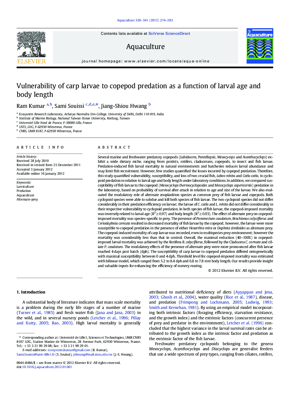 Vulnerability of carp larvae to copepod predation as a function of larval age and body length