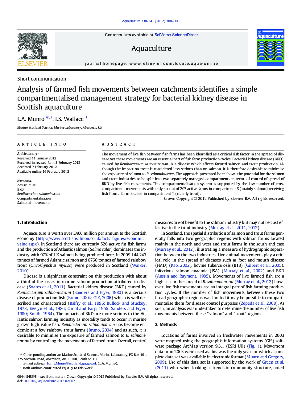 Analysis of farmed fish movements between catchments identifies a simple compartmentalised management strategy for bacterial kidney disease in Scottish aquaculture