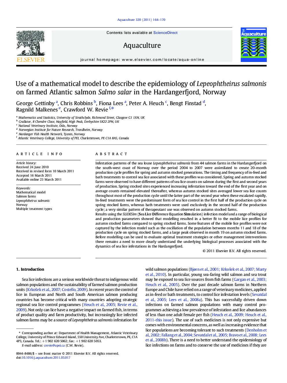 Use of a mathematical model to describe the epidemiology of Lepeophtheirus salmonis on farmed Atlantic salmon Salmo salar in the Hardangerfjord, Norway