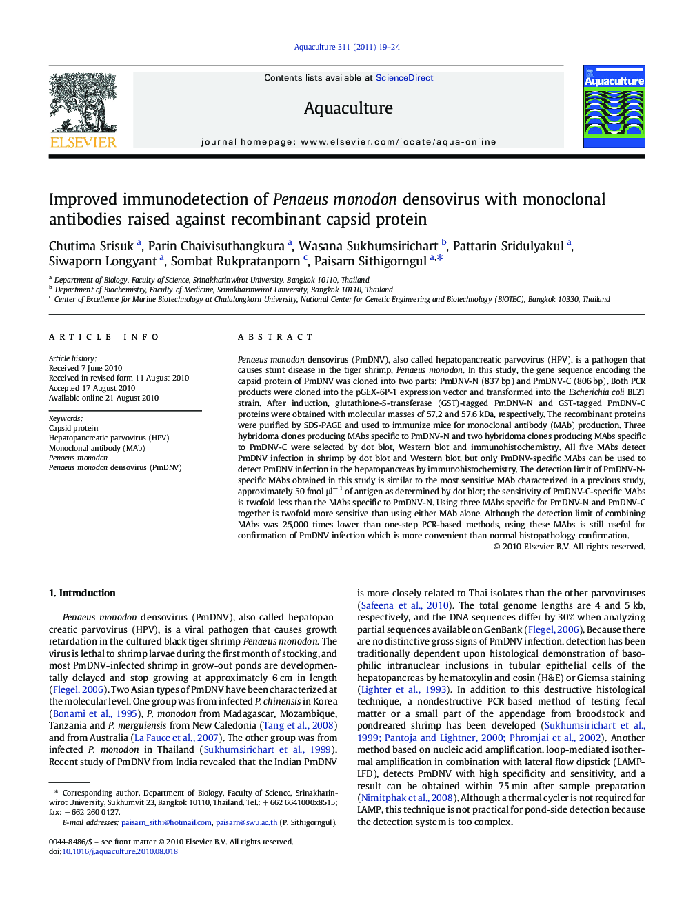 Improved immunodetection of Penaeus monodon densovirus with monoclonal antibodies raised against recombinant capsid protein