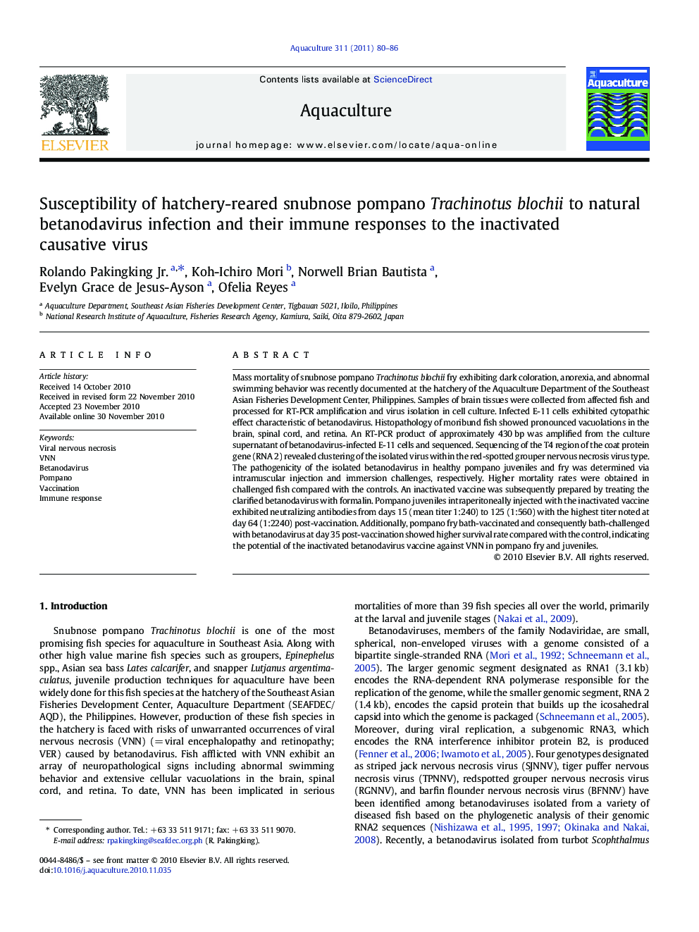 Susceptibility of hatchery-reared snubnose pompano Trachinotus blochii to natural betanodavirus infection and their immune responses to the inactivated causative virus