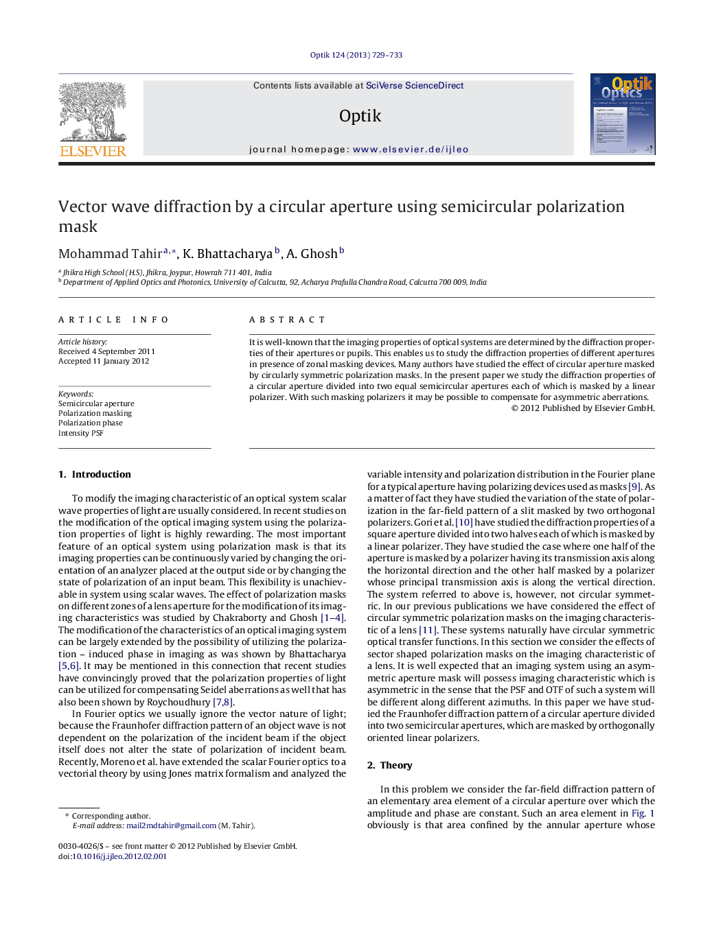 عکس صفحه اول مقاله: Vector wave diffraction by a circular aperture using semicircular polarization mask Vector wave diffraction by a circular aperture using semicircular polarization mask