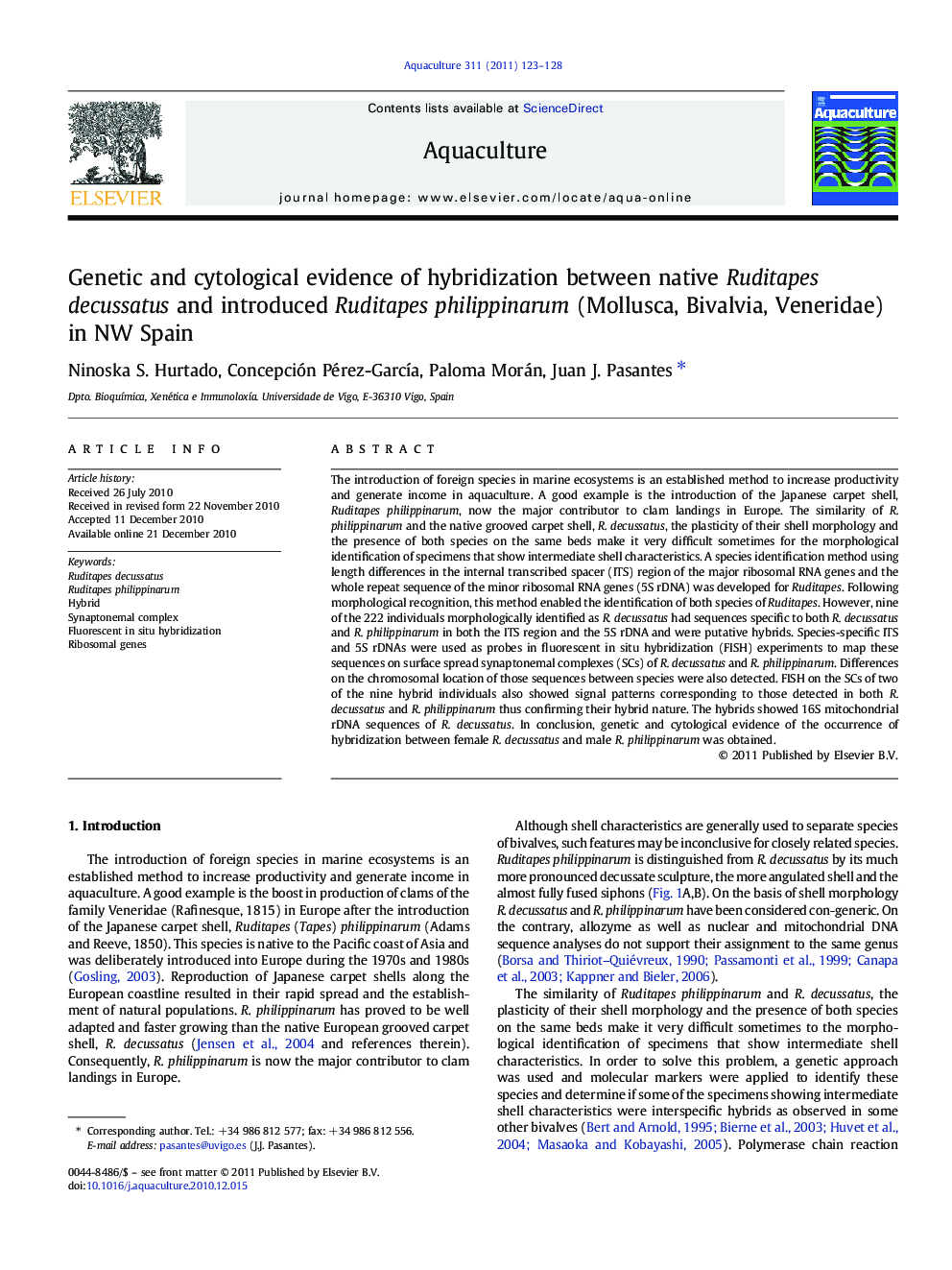 Genetic and cytological evidence of hybridization between native Ruditapes decussatus and introduced Ruditapes philippinarum (Mollusca, Bivalvia, Veneridae) in NW Spain