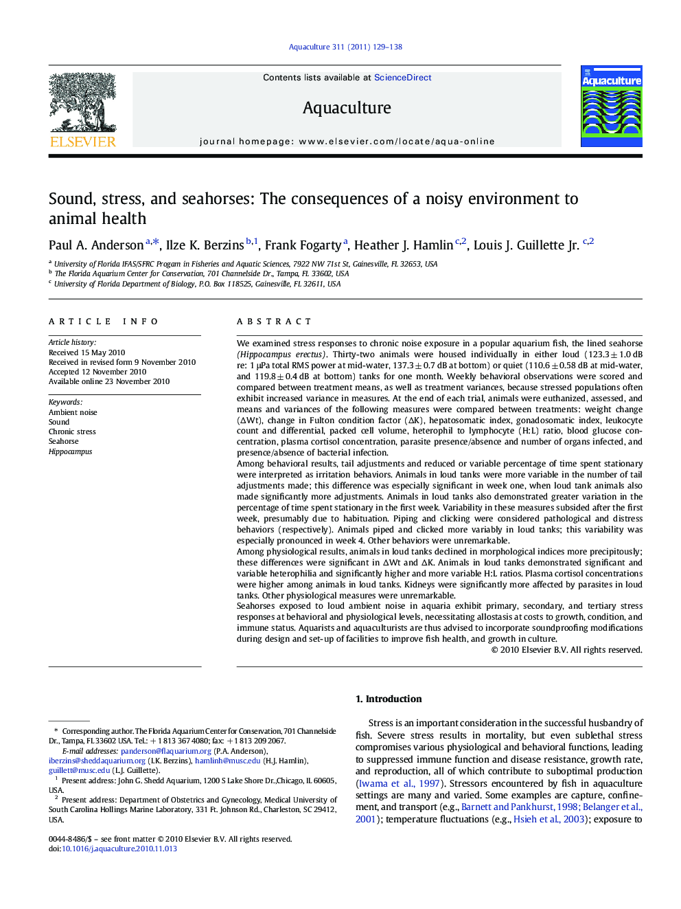 Sound, stress, and seahorses: The consequences of a noisy environment to animal health