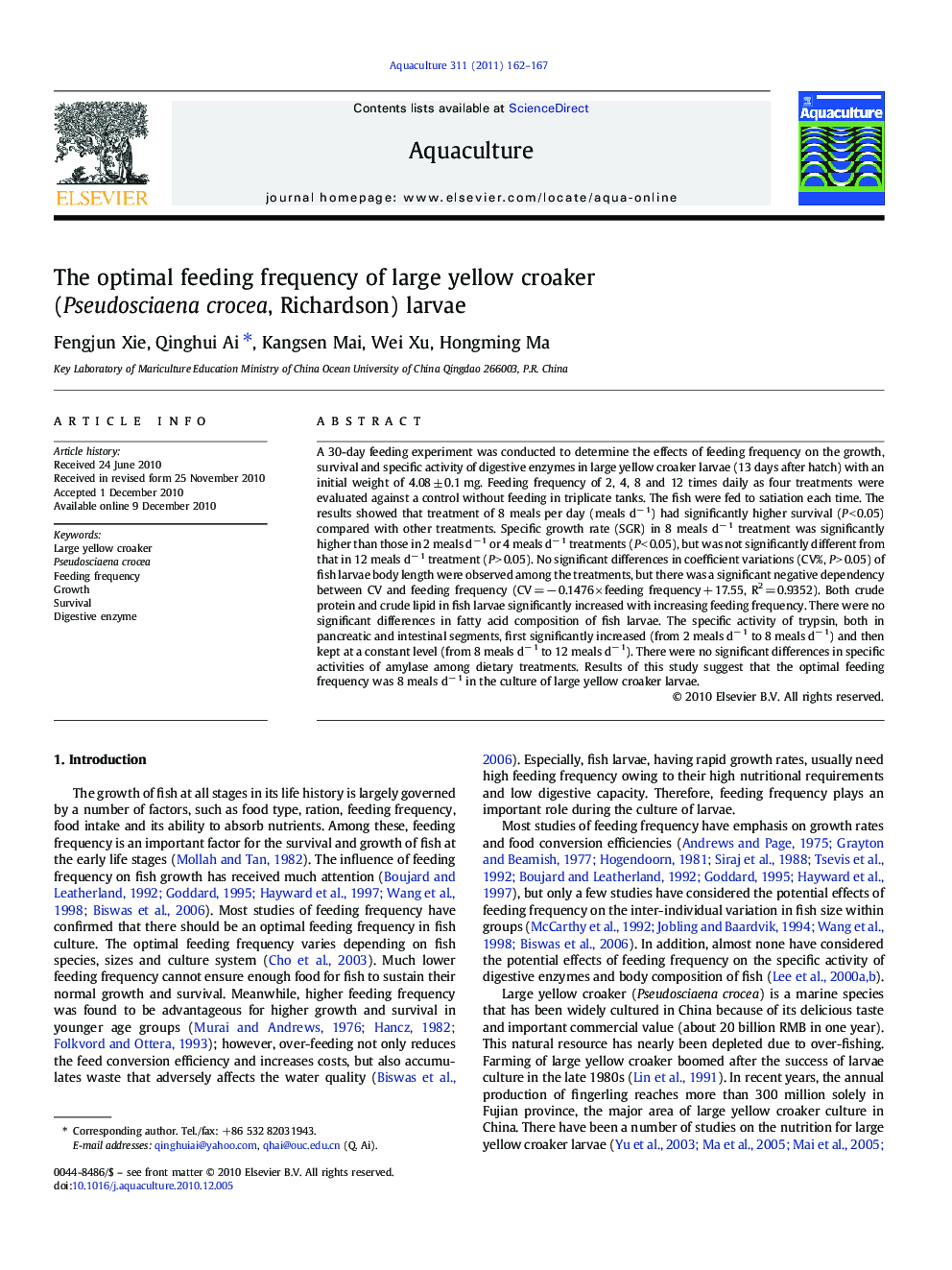 The optimal feeding frequency of large yellow croaker (Pseudosciaena crocea, Richardson) larvae