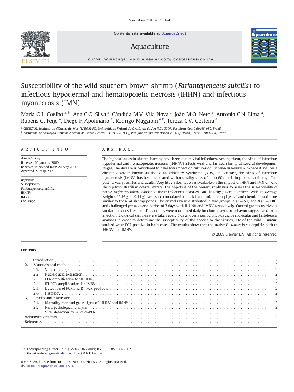 Susceptibility of the wild southern brown shrimp (Farfantepenaeus subtilis) to infectious hypodermal and hematopoietic necrosis (IHHN) and infectious myonecrosis (IMN)