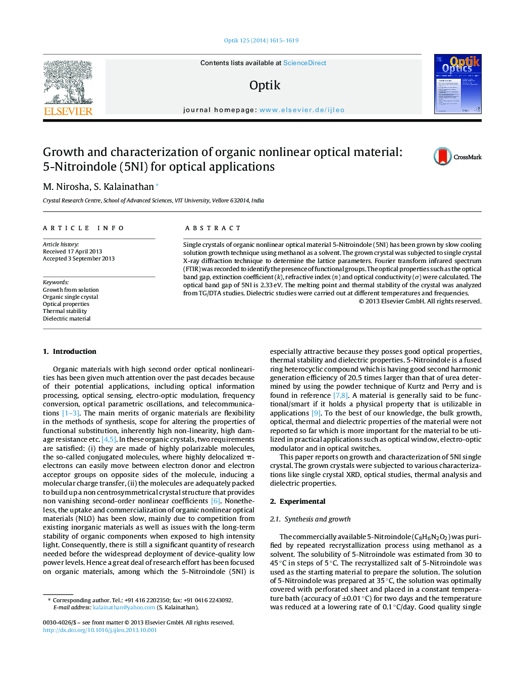 Growth and characterization of organic nonlinear optical material: 5-Nitroindole (5NI) for optical applications