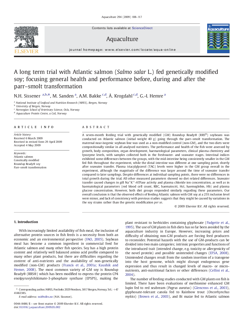 A long term trial with Atlantic salmon (Salmo salar L.) fed genetically modified soy; focusing general health and performance before, during and after the parr-smolt transformation