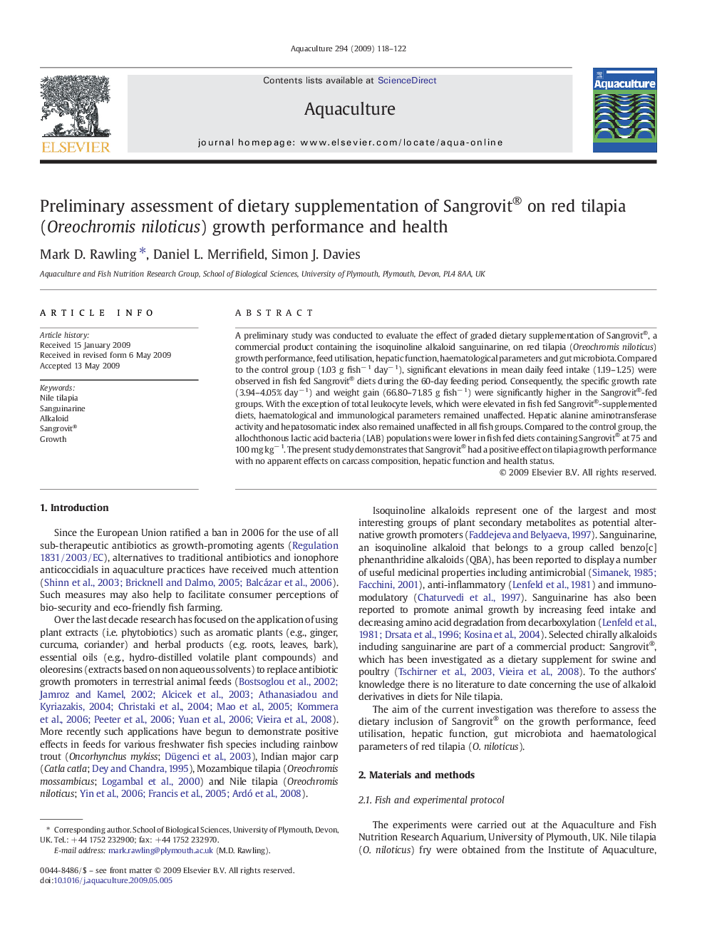 Preliminary assessment of dietary supplementation of Sangrovit® on red tilapia (Oreochromis niloticus) growth performance and health