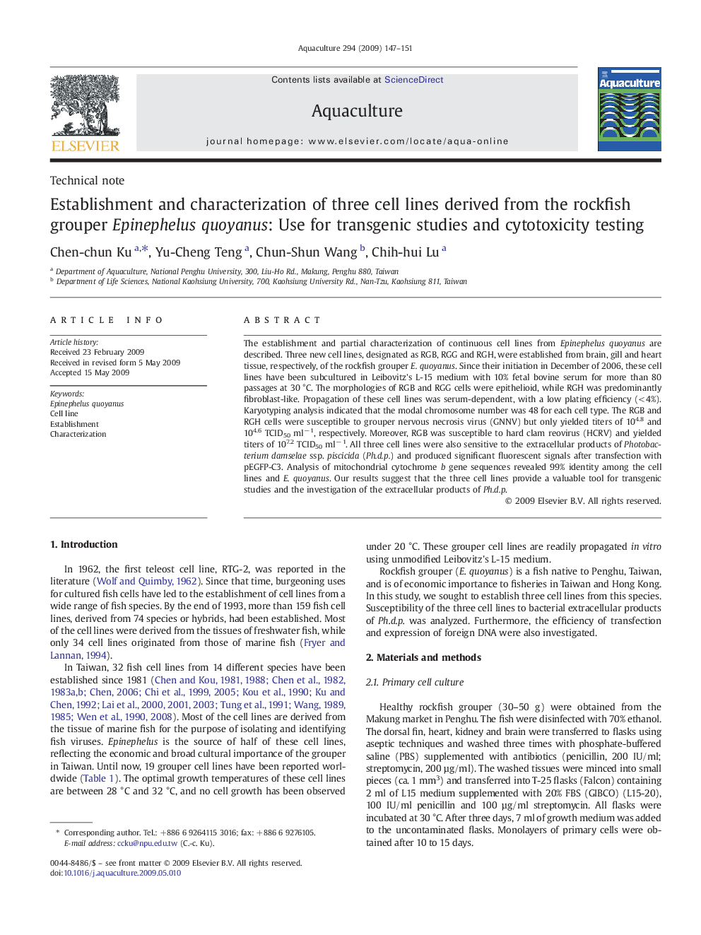 Establishment and characterization of three cell lines derived from the rockfish grouper Epinephelus quoyanus: Use for transgenic studies and cytotoxicity testing