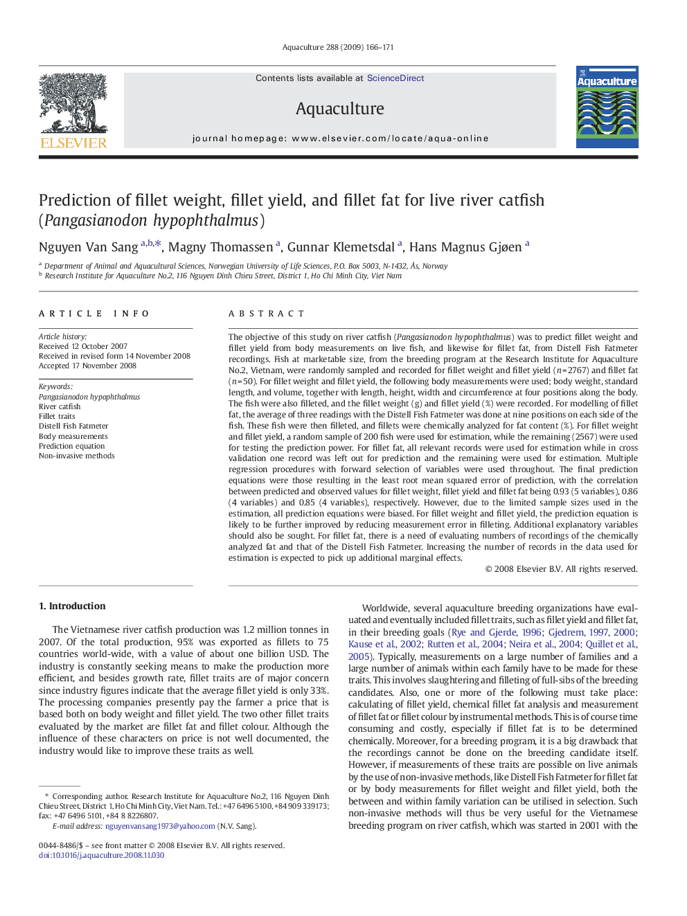 Prediction of fillet weight, fillet yield, and fillet fat for live river catfish (Pangasianodon hypophthalmus)