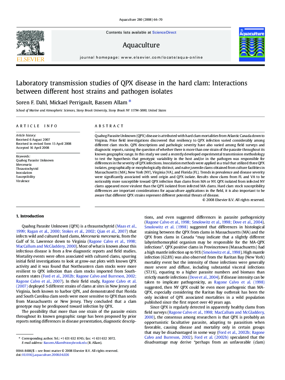 Laboratory transmission studies of QPX disease in the hard clam: Interactions between different host strains and pathogen isolates