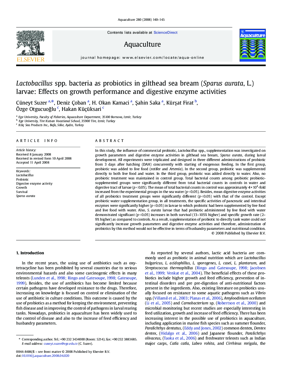 Lactobacillus spp. bacteria as probiotics in gilthead sea bream (Sparus aurata, L.) larvae: Effects on growth performance and digestive enzyme activities