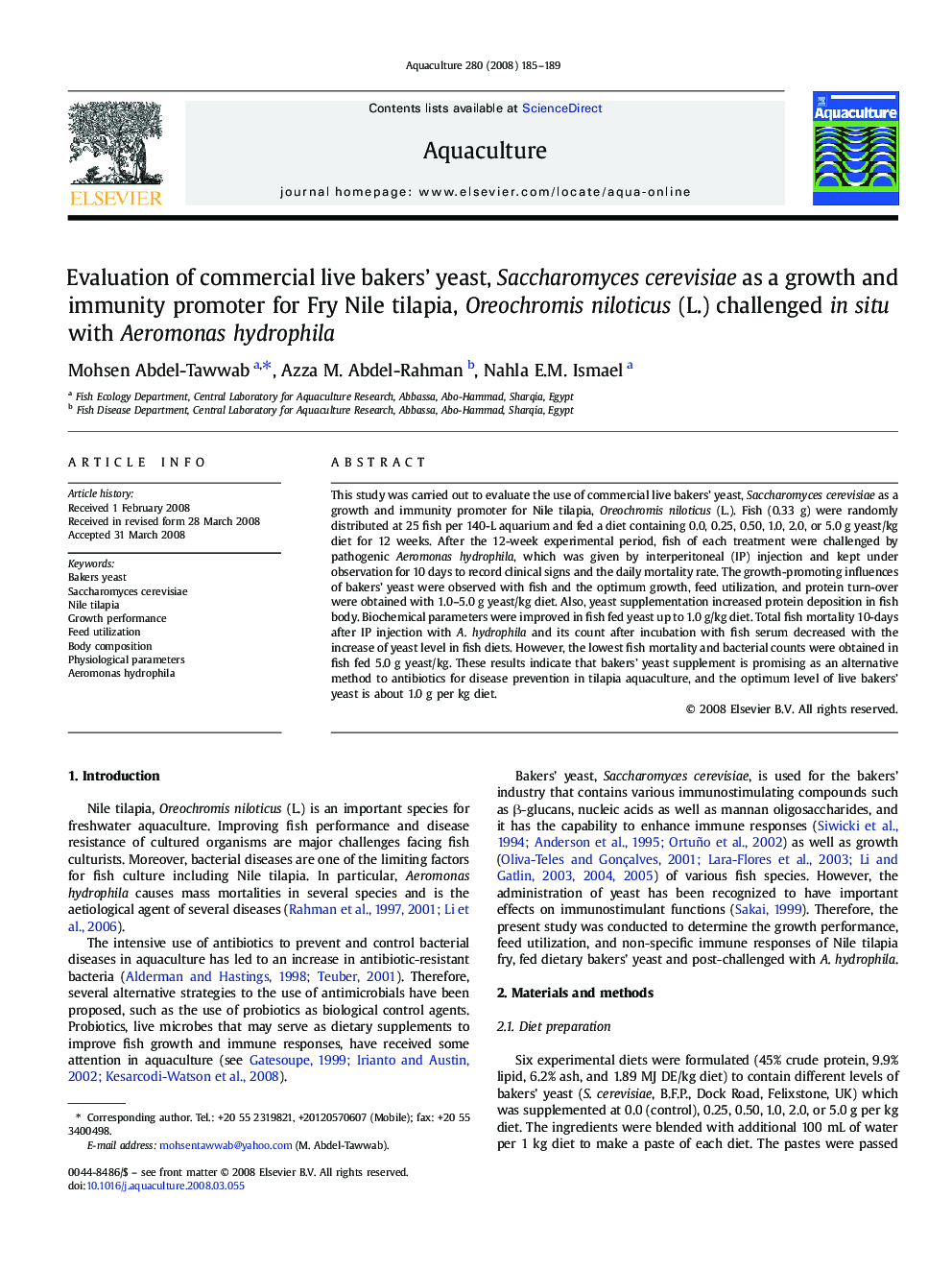 Evaluation of commercial live bakers' yeast, Saccharomyces cerevisiae as a growth and immunity promoter for Fry Nile tilapia, Oreochromis niloticus (L.) challenged in situ with Aeromonas hydrophila