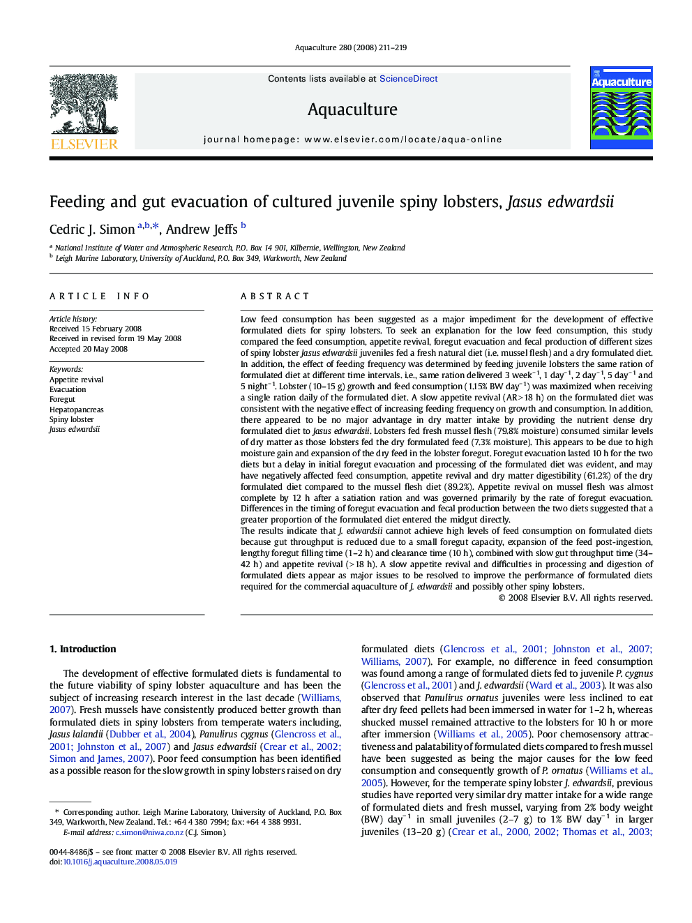 Feeding and gut evacuation of cultured juvenile spiny lobsters, Jasus edwardsii