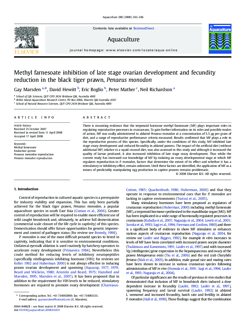 Methyl farnesoate inhibition of late stage ovarian development and fecundity reduction in the black tiger prawn, Penaeus monodon